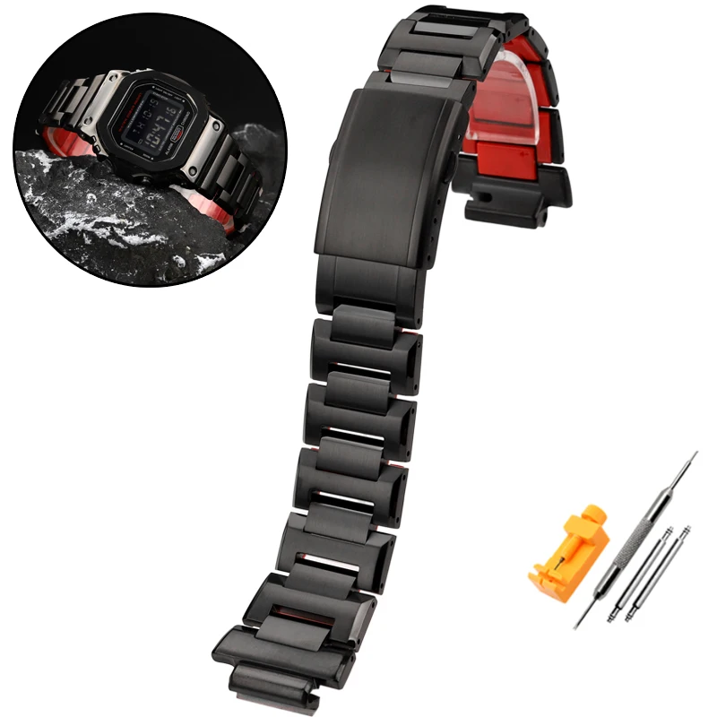 thumbnail image 1 of Correa de reloj de acero inoxidable DW-5600 para G-SHOCK 3229 Casio DW5600 GW-B5600 GW-M5610 Correa de reloj con bisel inferior rojo modificado, 1 of 5