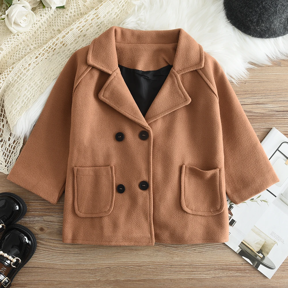 2-6-year-old Children's Korean Autumn and Winter Coat Wool Jacket Long Double Breasted Warm Flip Collar Pocket Jacket girls winter coat
