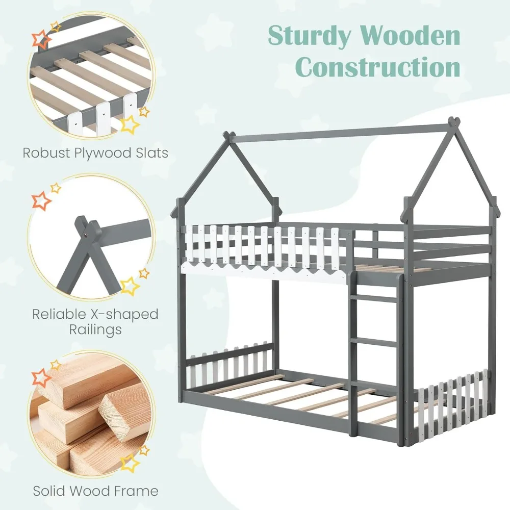 Children Beds, Bunk Bed Twin Over Twin, Wood House Low Bunk Bed with Ladder & Fence Safety Guardrail, Space-Saving 6