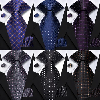 Hi-Tie Fashion 8,5 cm Punti scozzesi neri Cravatta elegante da uomo Fazzoletto Gemelli Set Accessori per feste di nozze Regalo per uomo Gravat 1