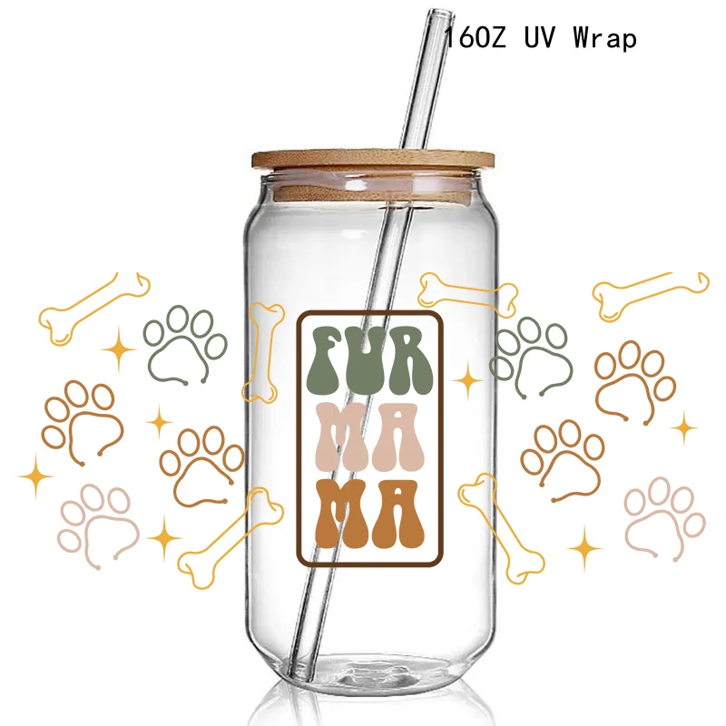 Cute Dog Mum Print 5+New 3D UV DTF Transfer Stickers Libbey Cup Wrap Iron For Glass 16oz Use