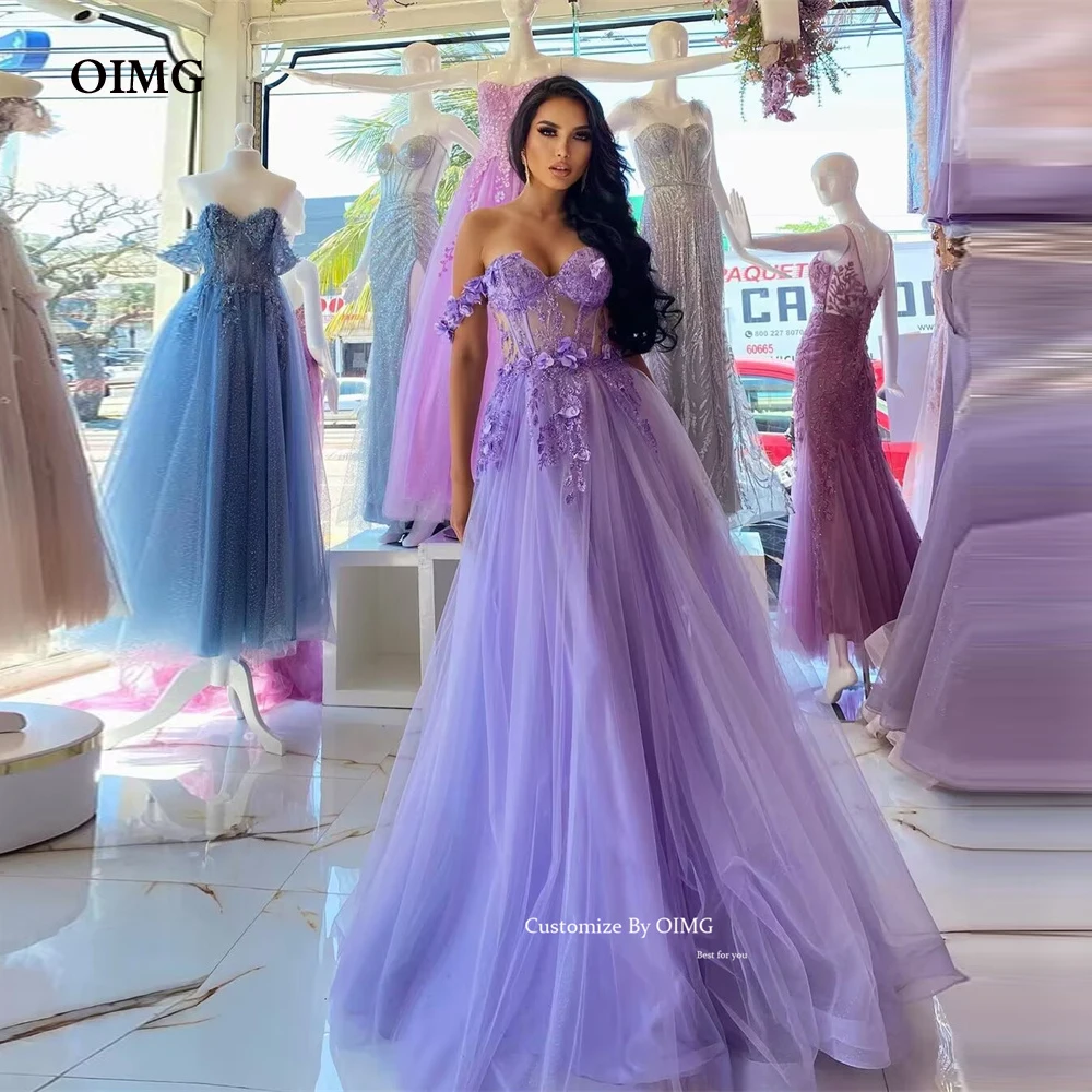 

OIMG Lavender A Line Tulle Prom Dresses Lace Appliques Flower Lovely Party Formal Party Gowns Homecoming Night Dress 2023