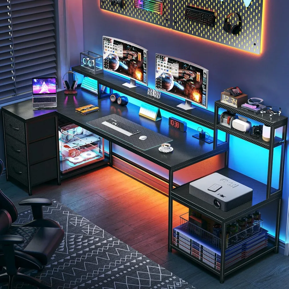Gaming Desk with Power Outlet, Computer Desk with LED Lights, L Shaped Desks with Drawers, Reversible Home Office Desks 6