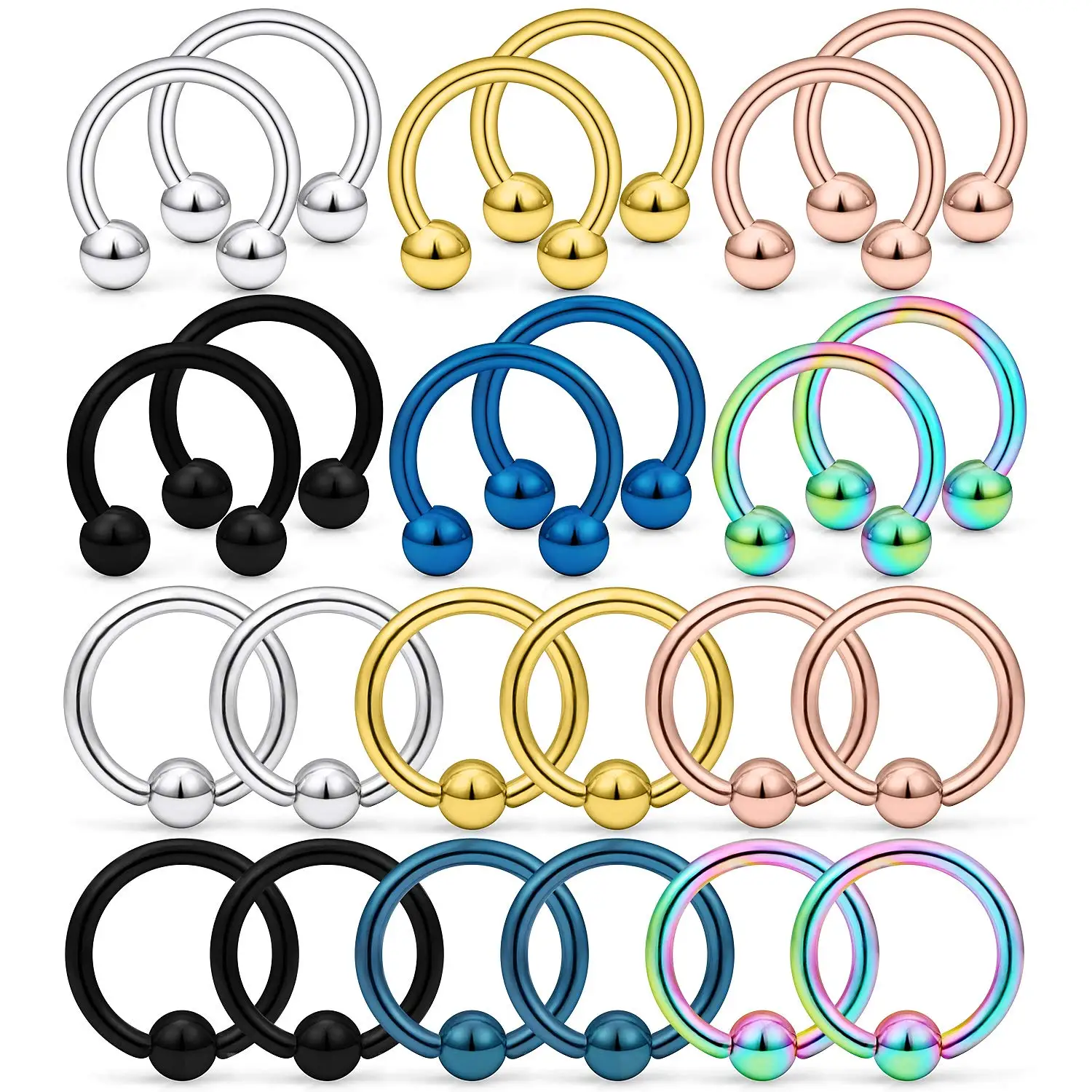 Yolev Lot De 32 Anneaux Fer à Cheval En Acier Chirurgical De 14 G De Différentes Tailles Pour Nez, Septum, Fer à Cheval, Boucles D'oreilles, Sourcils, Bijoux De Piercing Pour Femme Et
