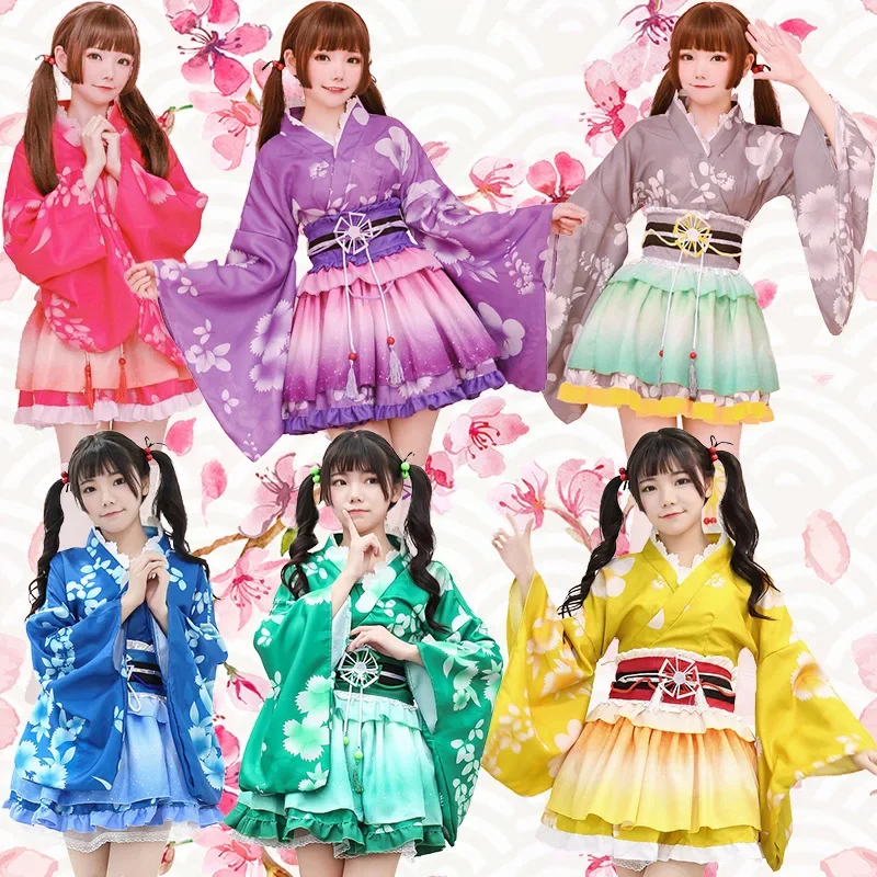 

Кимоно женское с цветочным принтом, комплект с топом и юбкой на поясе в японском стиле для косплея на Хэллоуин, комплект для ролевых игр