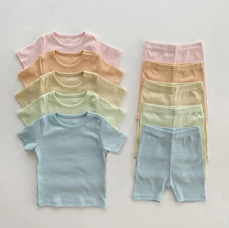 

Summer Newborn Baby Boy Girl Clothes Set Ribbed Outfits Unisex Infant Solid Short Sleeve Tops Shorts 2PCS
