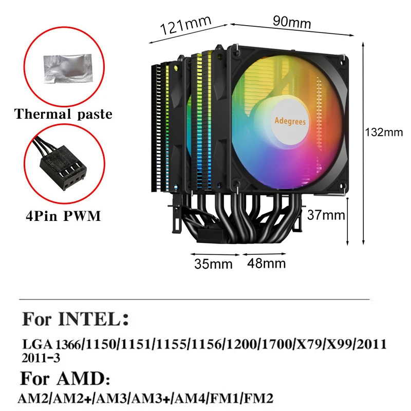 CPU cooler 6 heat pipes 4Pin PC processor tower air cooler for Intel LGA 1700 1200 1150 1151 1155 2011 X79 X99 1366 AM3 AM4 AM5