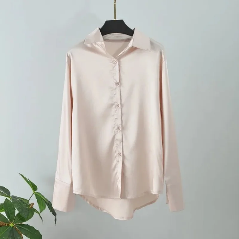 Silk Long Sleeve Women Shirt Casual Loose Button Up Blouse