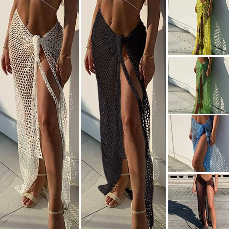 New Arrival Women Knitting Crochet Hollow Out Cover Up Solid Color Beach Dress Sexy Wrap Skirt Binding Rope Beach Wear Sarong 1