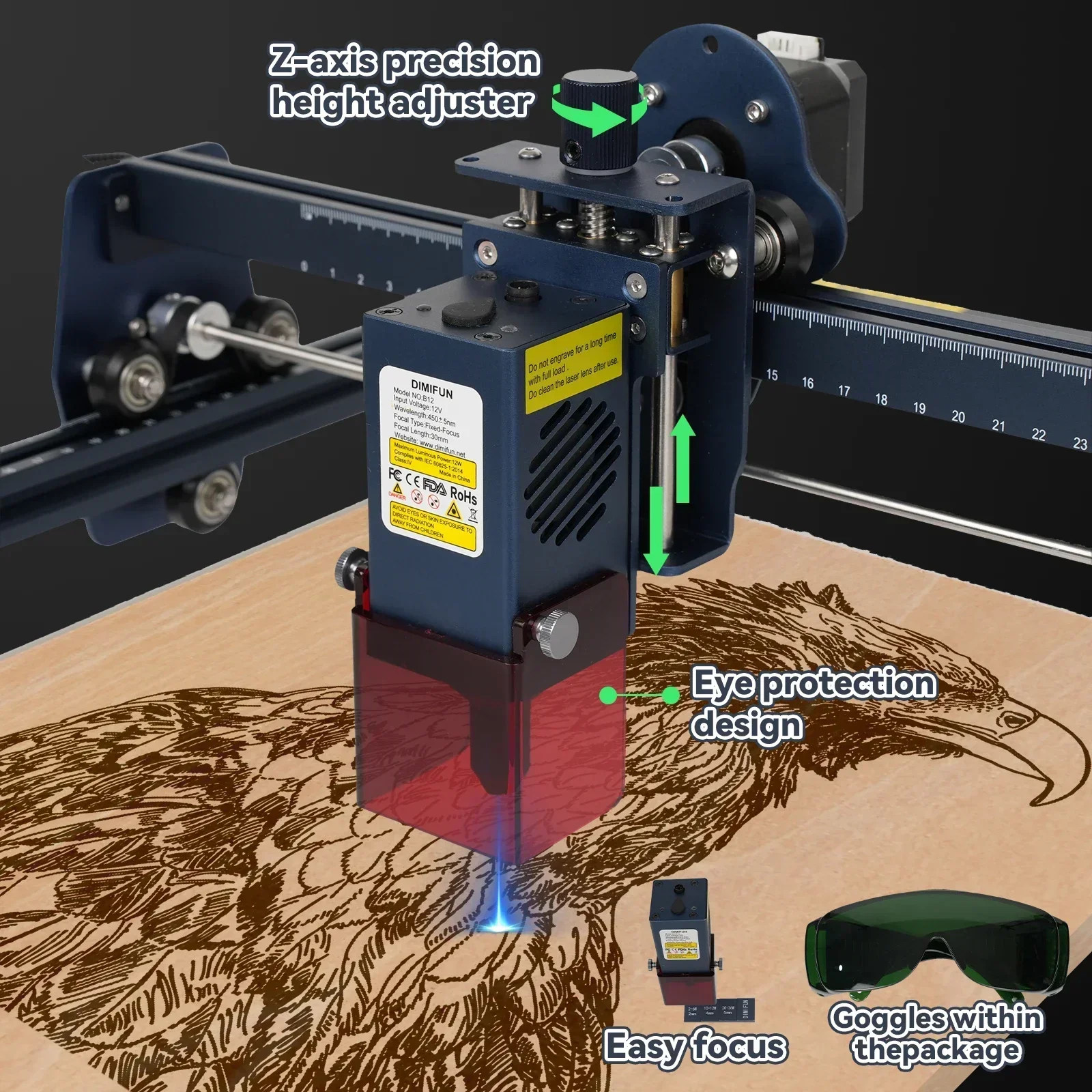 12W Laser Engraver Machine with GRBL APP Offline Control for Wood Engraving and Cutting