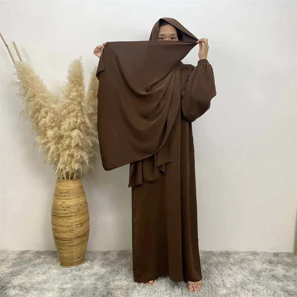 Ramadan Eid Hooded Abaya Prayer Dress with Attached Hijab Scarf Muslim One Piece Jilbab for Women Kaftan Islamic Clothing Dubai