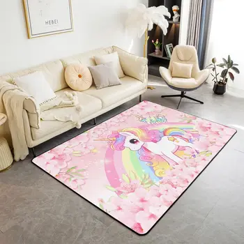 Lovely Unicorn Area Rug Cute Cartoon Animal Dreamy Non Slip Carpet for Girls Teens Cherry Blossom Indoor Floor Mat for Bedside