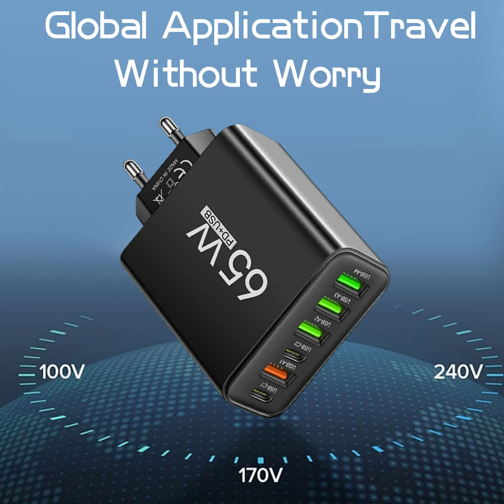 Total 65W Multi-Ports PD USB C Fast Charging Charger Type C 6 Ports Household Quick Charge 3.0 Wall Adapters Travel Chargers