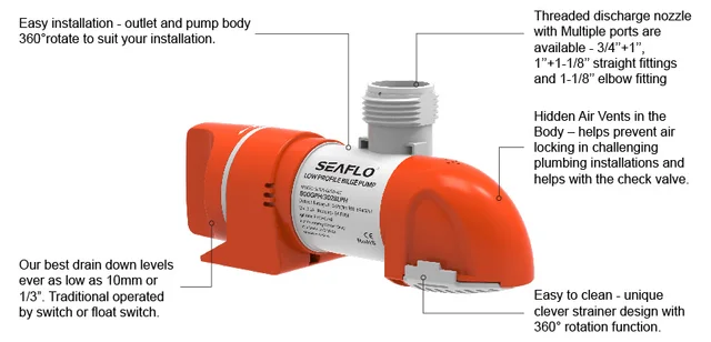 Bomba De Sentina Automática SEAFLO 1100 GPH - Perfil Bajo, Color Naranja, Ideal Para Espacios Estrechos En Barcos