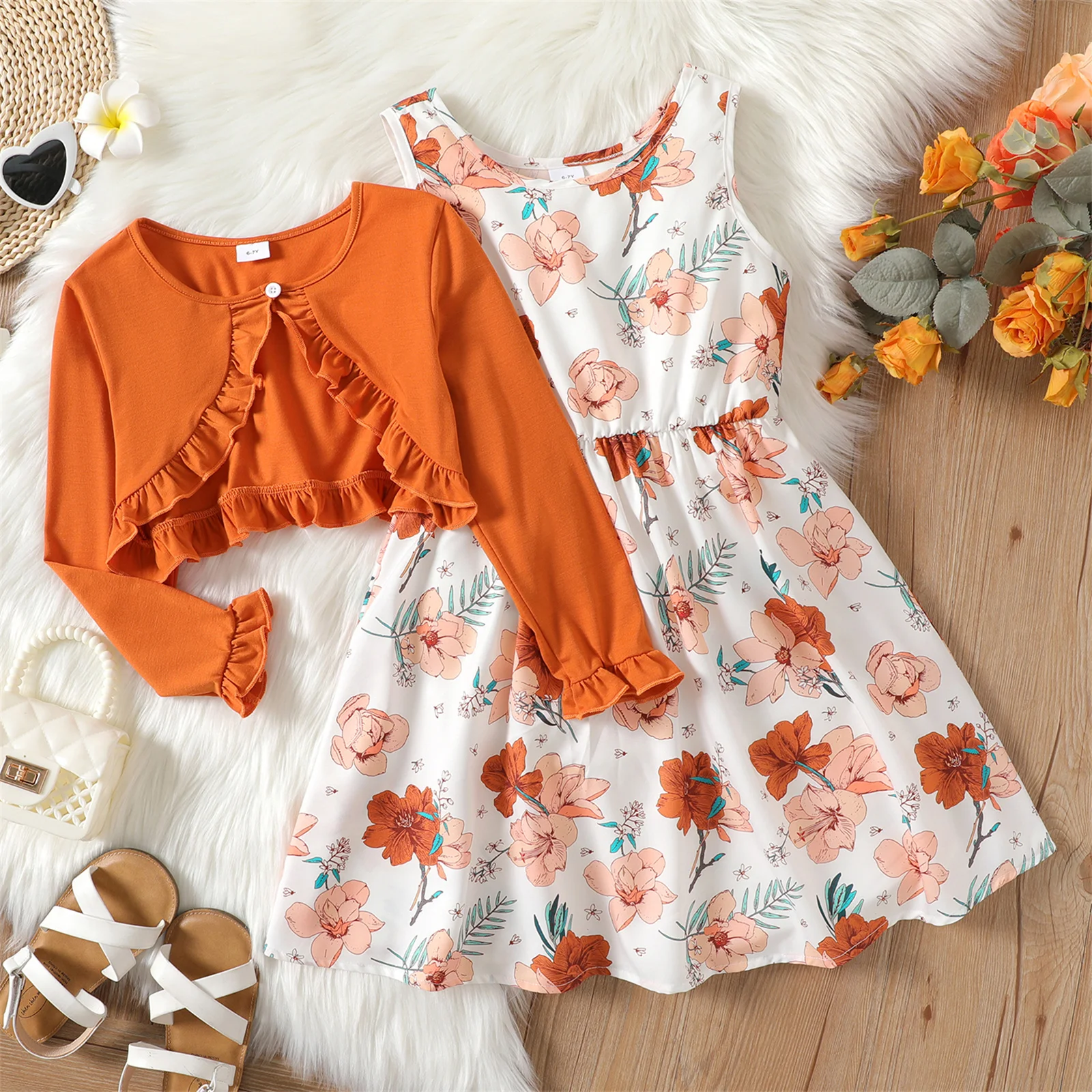 Girls Dress 2pcs Girl Kids Dress Sets Floral Print Sleeveless and Ruffled Long-sleeve Orange Cardigan Set