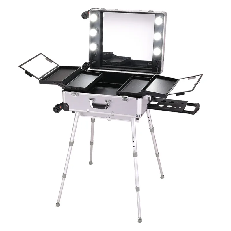Travel Luggage Professional Rolling Cosmetic Case Beauty Makeup Trolley LED Light Mirror Aluminum frame Folding table