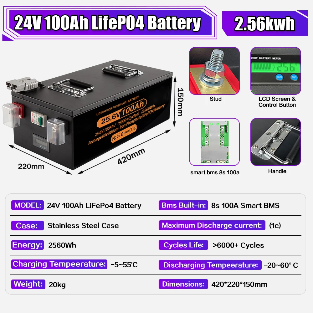 Lithium Battery LiFePO4 12V 24V 48v 100ah 200ah 280ah 400Ah 100A BMS 6000+ cyclic for Inverter Solar RV No Tax