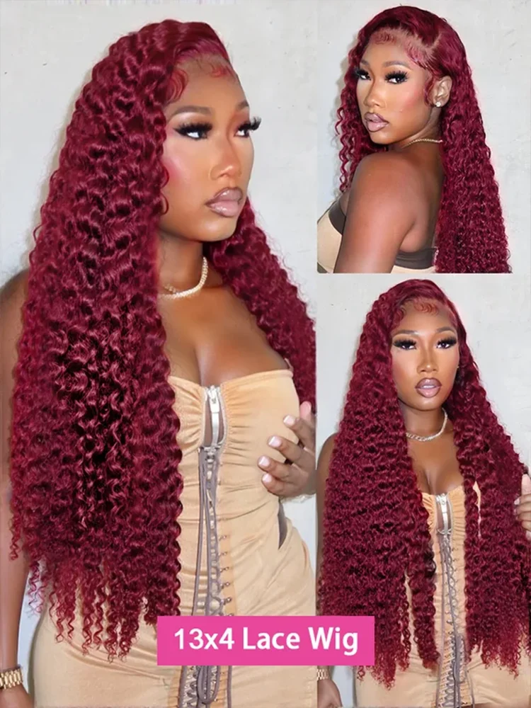 99J Burgundy Deep Wave 13x4 Lace Frontal Wig Red Wine Water Human Hair Brazilian 30 40 Inch Kinky Curly 13x6 HD Lace Front Wigs
