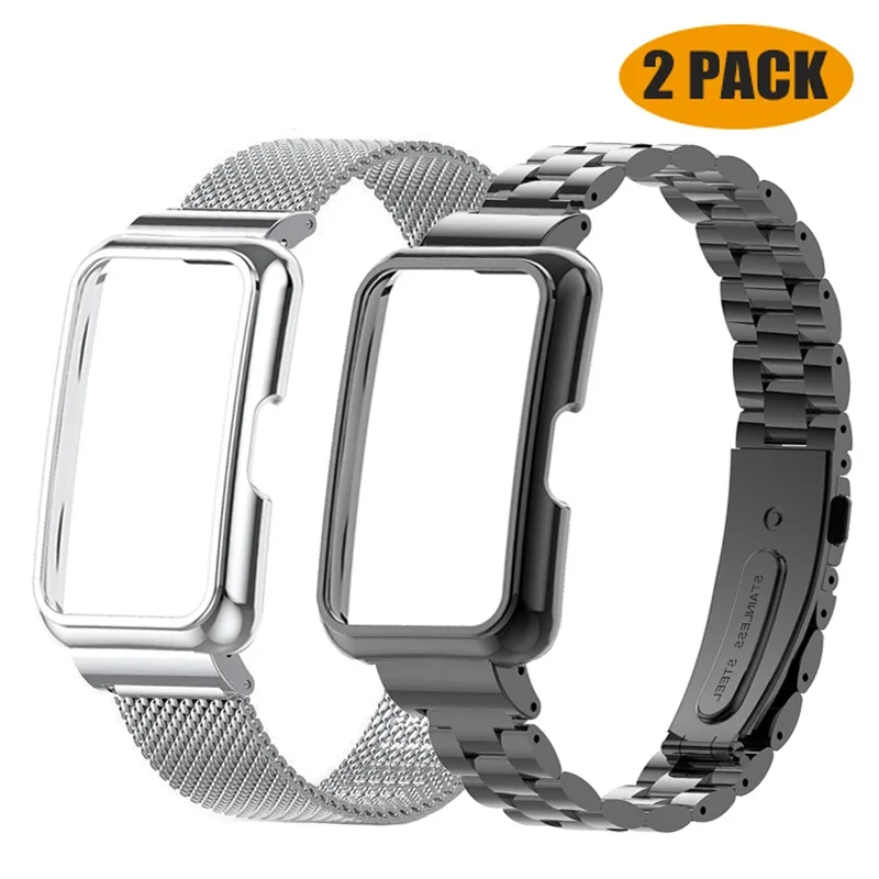 Premium Stainless Steel Smart Band Strap and Protective Case Cover - Metal Bracelet Accessory