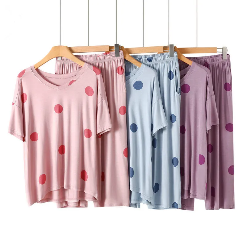 

Fdfklak 2024 Spring/Summer Pajamas New Modal V-neck Short Sleeve Nightgown Home Furnishing Fresh Dot Casual Set pizama damska