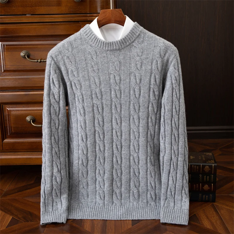 Autumn and winter new wool sweater men's round collar pure color pullover jacquard thick sweater loose cashmere sweater 3