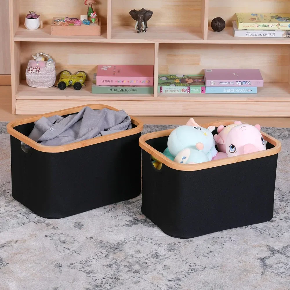 Black Storage Baskets for Organizing,Fabric Storage Bins with Bamboo Handles, Collapsible Storage Baskets for Shelves and Closet 6