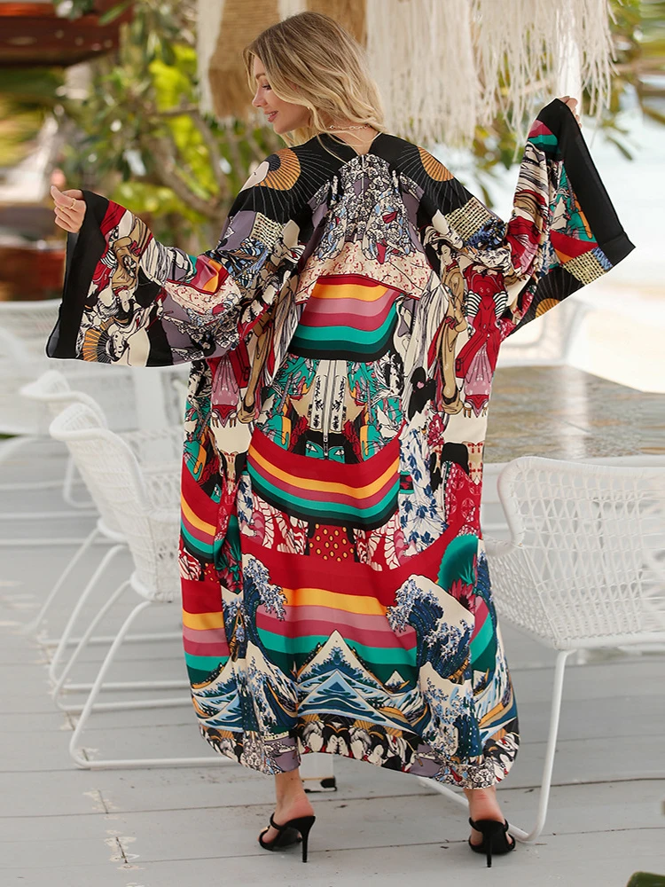 

Summer Beach Women's Coverup V-Neck Long Sleeve Printed Ankle Loose Cardigan Kimono Vintage Style Female Trendy Bikini Smock