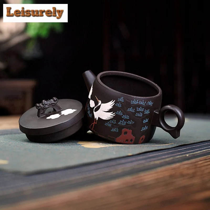 190ml Creative Yixing Purple Clay Teapots Handmade Pine Crane Pot Raw Ore Black Mud Kettle With Infuser Zisha Tea Set Supplies