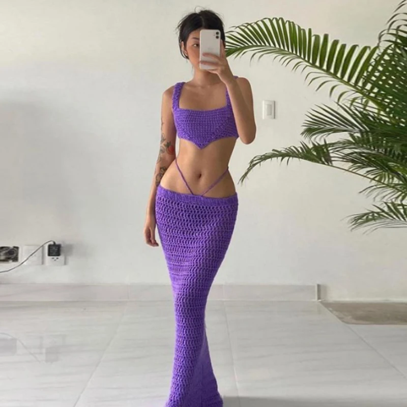 Knit Beach Dress Set for Women Sexy See Through Slim Crop Top and Long Skirt Suit Summer Purple Holiday Two Piece Set 2024