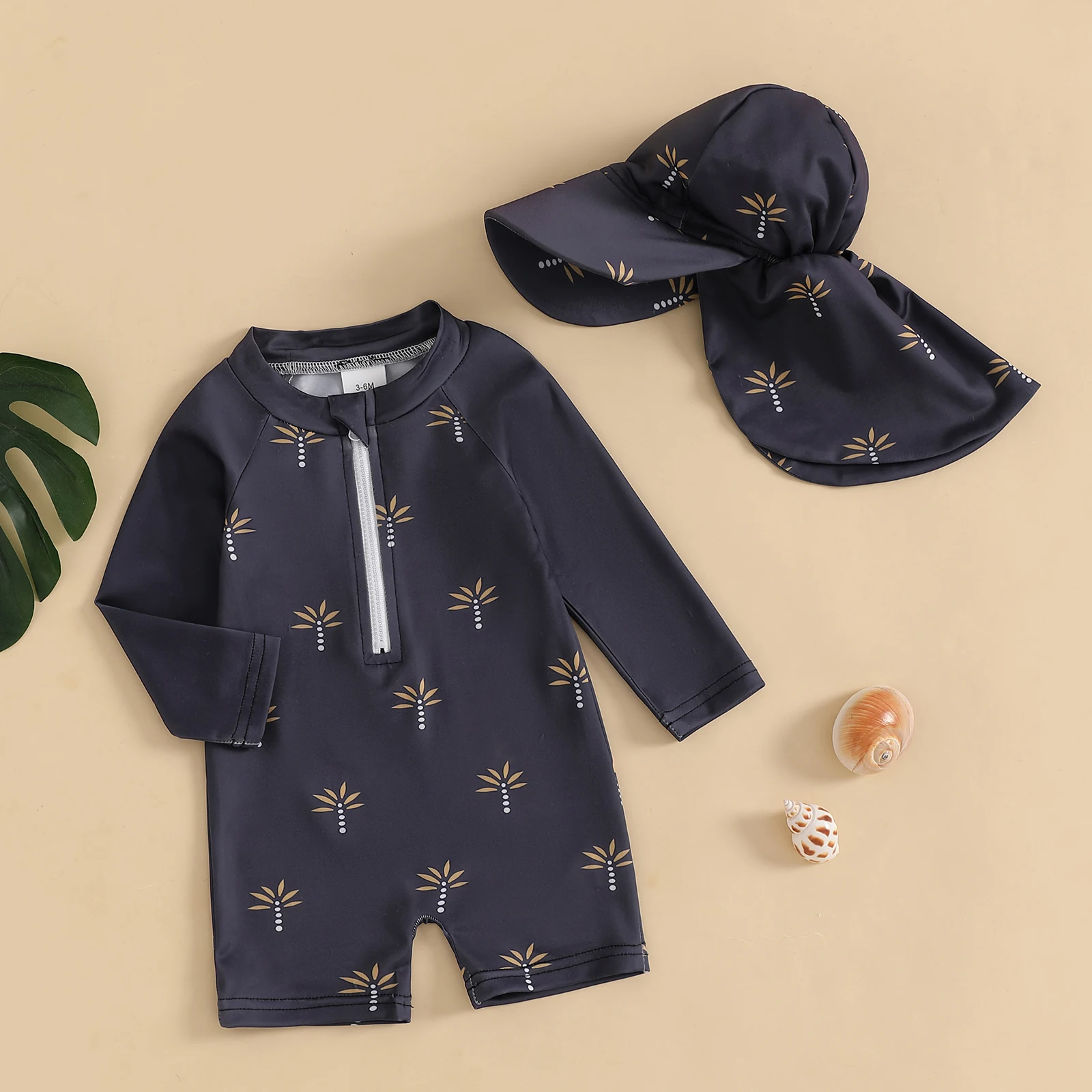 Infant Baby Boy Zip Up Long Sleeve Rash Guard Swimsuit with Hat 2 Pcs Toddler Coconut Tree Whale Lobster Crew Neck Swimwears