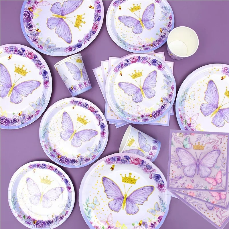 Party Tableware Spring Tea Party Purple Butterfly Disposable Tableware Set Birthday Party Decoration Holiday Paper Plate Paper Cup