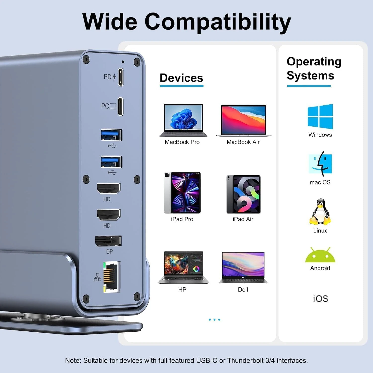 Thunderbolt4 C Laptop Docking Station With 2xHDMI-compatible, DP, Gigabit Ethernet, 100W PD, SD/TF, 3.5mm, USB Ports_voghion.com