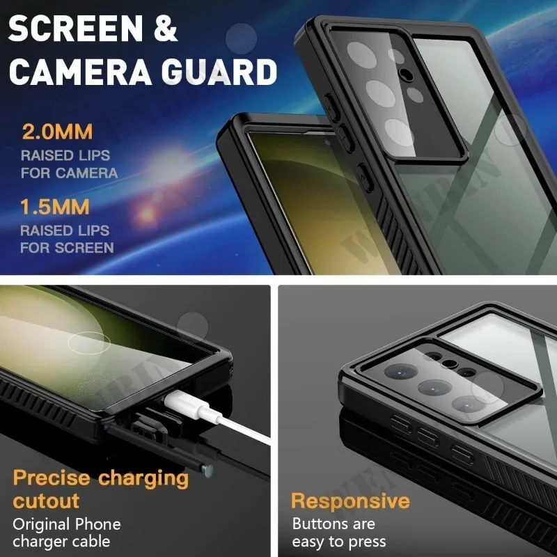 Luxury IP68 Waterproof Case For Samsung S24 S23 Ultra Plus S23 FE A54 A34 A24 A15 Full Body Rugged Transparent Underwater Cover