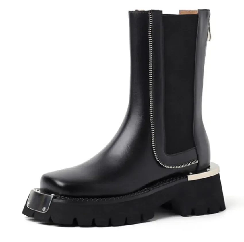

2024 New Genuine Leather Platform Boots Metal Decoration Zipper Ankle Boots Square High Heels Winter Boots Womens Shoes