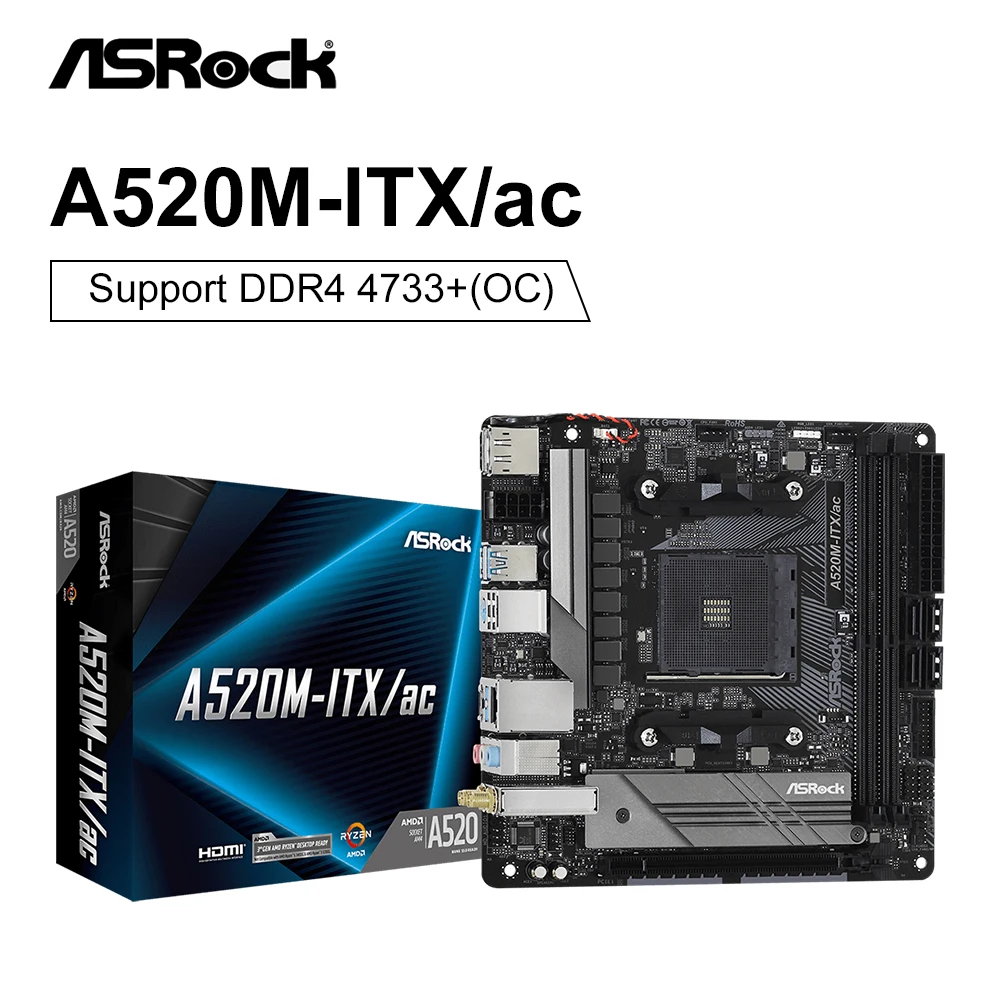 ASROCK New A520M-ITX/ac Motherboard AMD A520 DDR4 AM4 64GB 