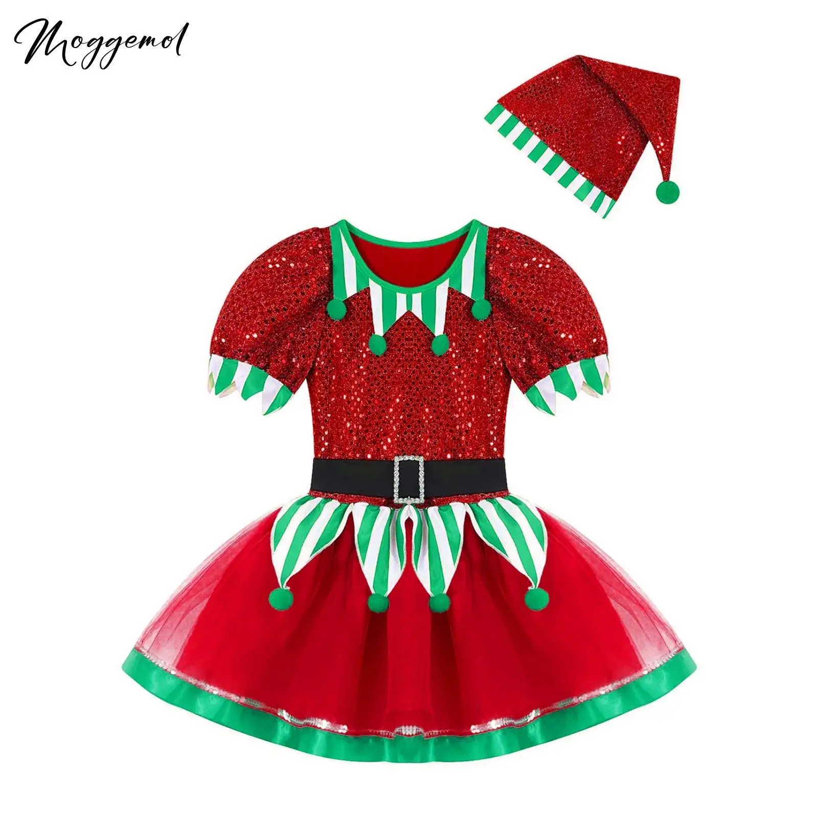 

Kids Girls Christmas Elf Cosplay Costume Ballet Mesh Tutu Shiny Sequin Leotard Dress Xmas New Year Santa Claus Dress with Hat