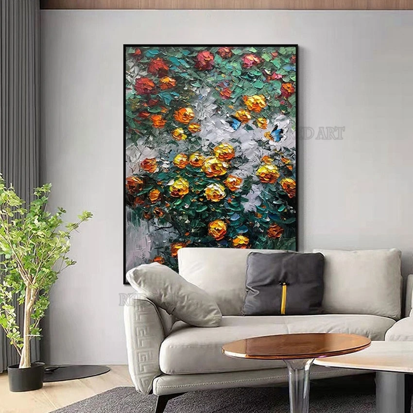 

Palette Knife Canvas Rose Flowers Art Living Room Decor Floral Oil Painting Texture Acrylic Wall Art Home Gift Frameless