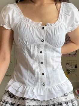 Womens Kawaii Corset Tops 2000s T-shirt Lace Trim Vintage Button V Neck Slim Tee Tops Summer y2k Shirts Harajuku 1