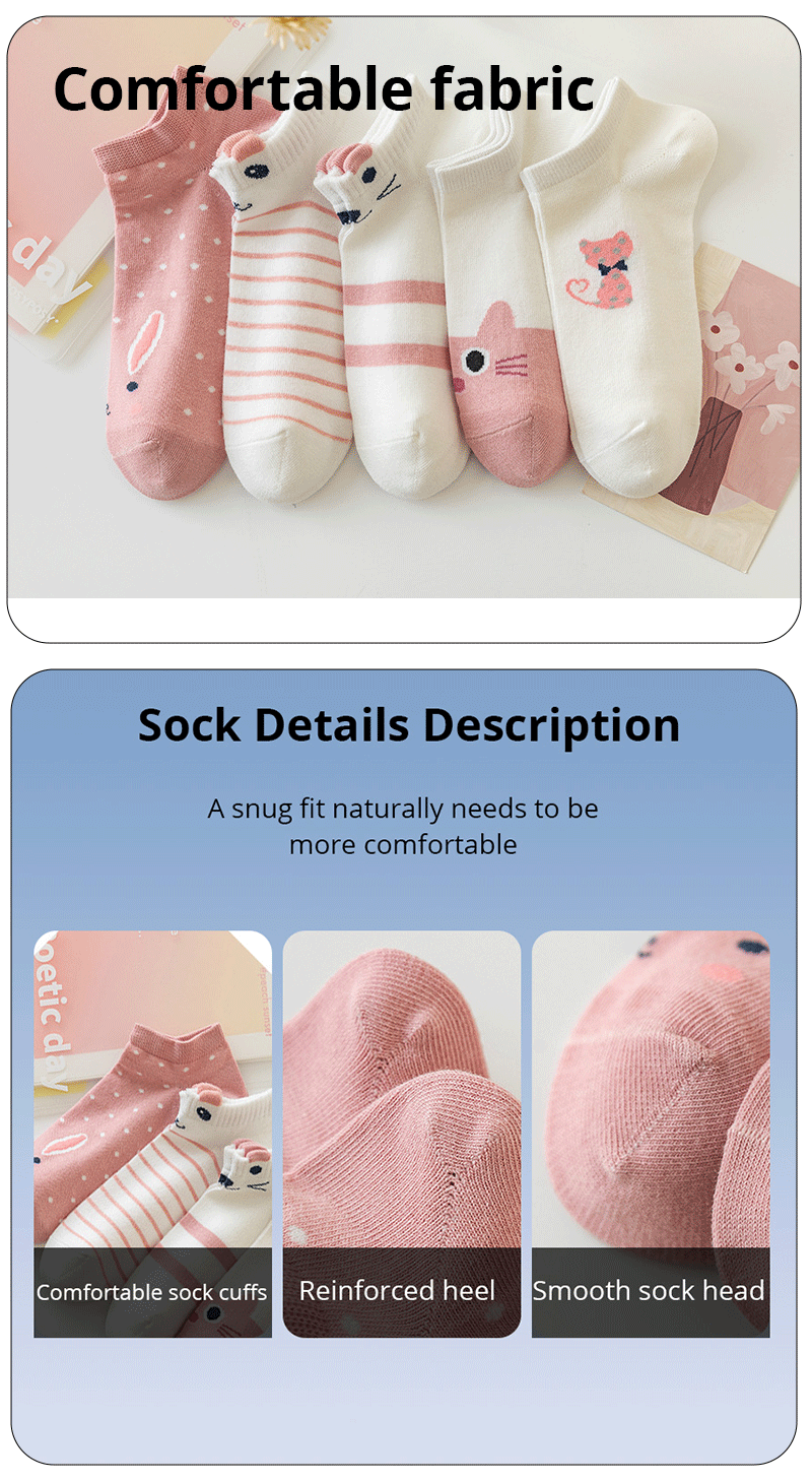 5/10/20 Paar kurze Röhrensocken für Damen, rosa Katze, dünn, vier Jahreszeiten, süße Bootssocken, niedrige Oberseite, trendige Socken – Detail 3
