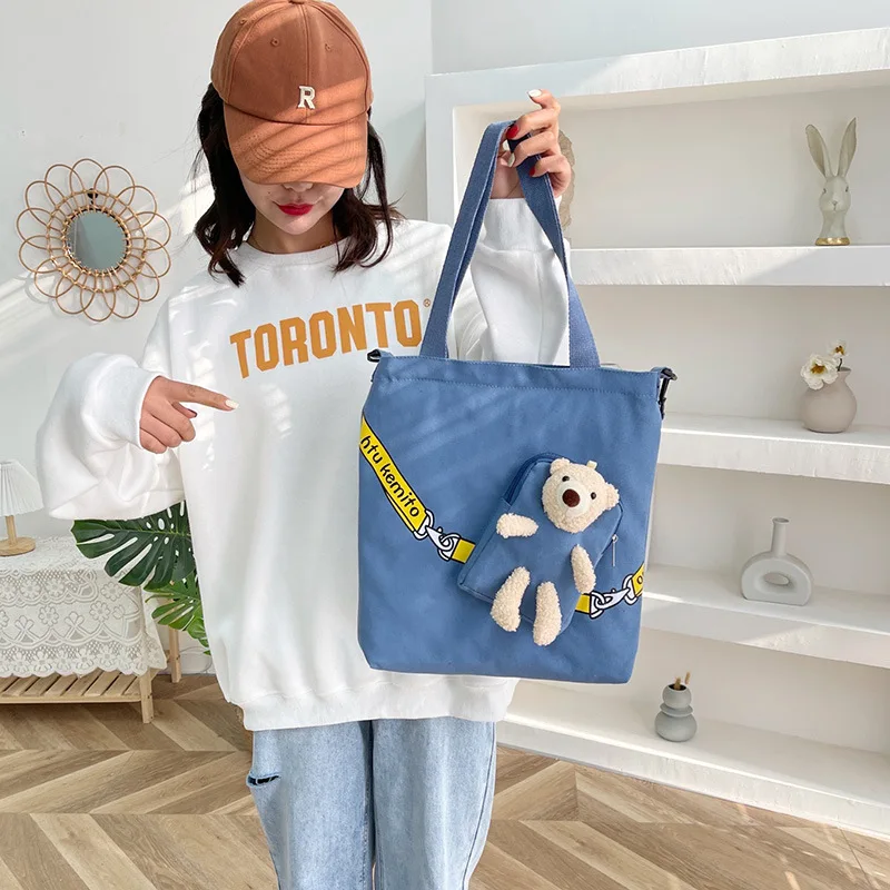 Canvas Cartoon Bear Pendant Women's Shopping Bag Bear Decorative Tote Reusable Handbag Shopper Girls Fashion Shoulder Bags