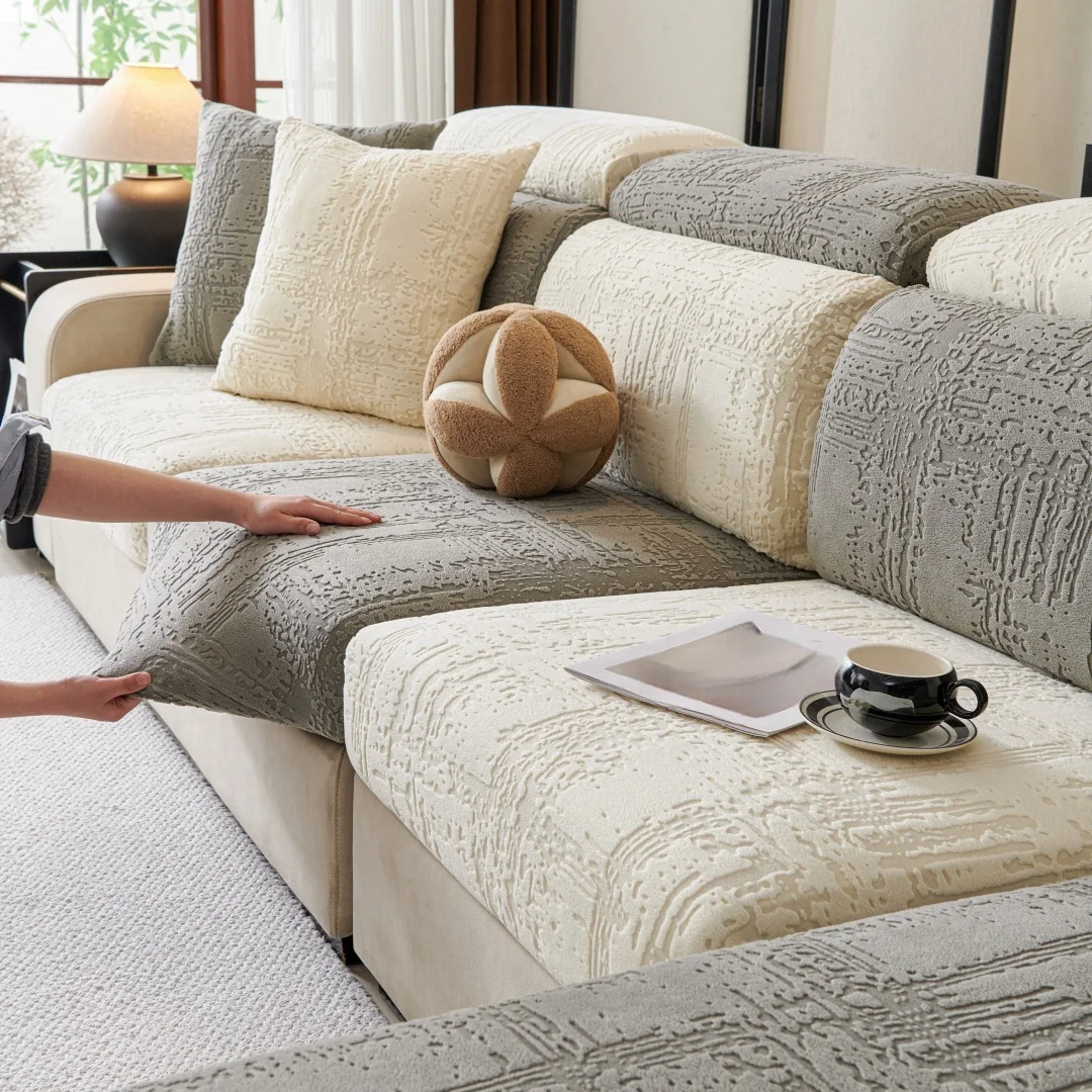 Geometric Lines Jacquard Stretchy Polar Fleece Sofa Cover for Living Room Couch Seat Slipcover Anti-Scratch Furniture Protector 5