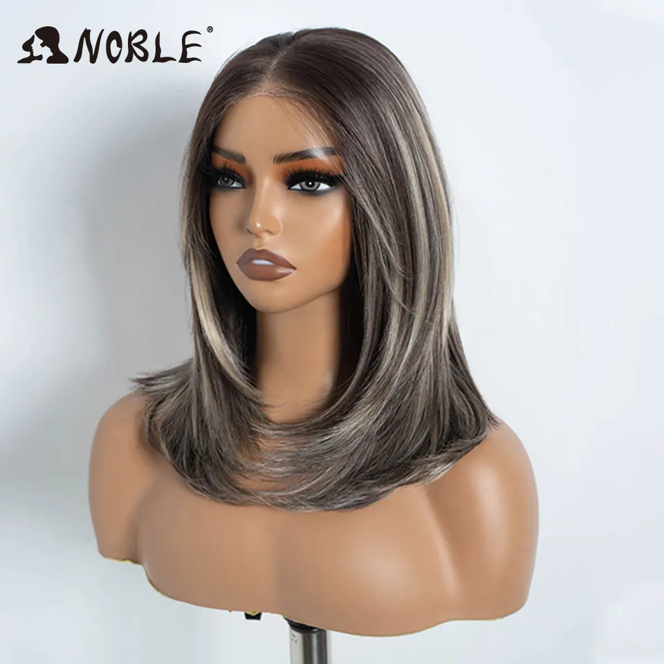 Noble Synthetic Lace Front Wig 13X3 Lace Free Part Pre Plucked Bob Wig 16" Straight Layered Ombre Grey Front Lace Wigs For Women
