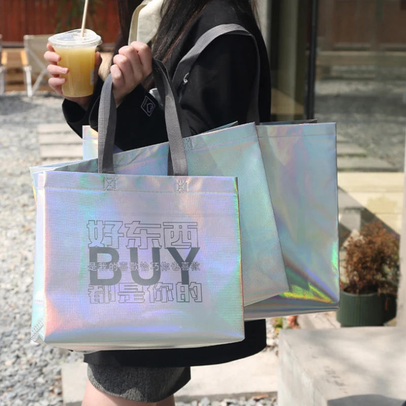 StoBag 10pcs Laser Non-woven Tote Shoulder Bags Shopping Fabric Woman Storage Reusable Large Pouches Custom Logo(Extra Fee) 4
