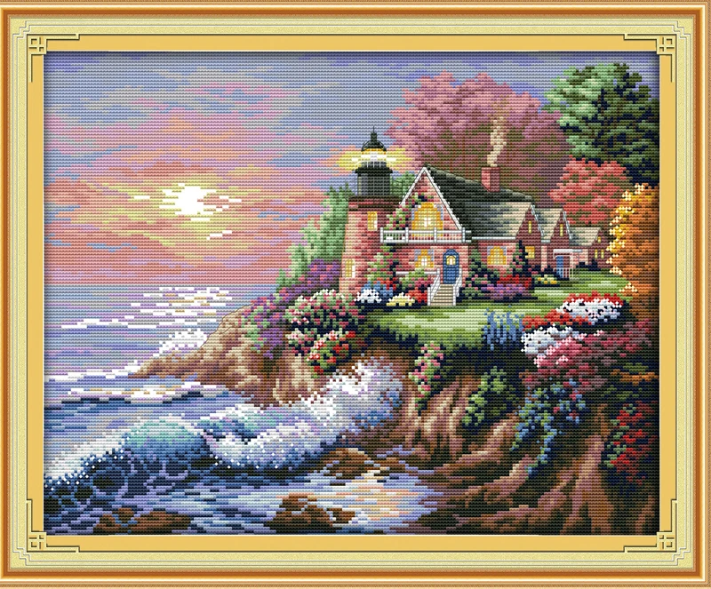 Cross Stitch Kit Lighthouse (4) cross stitch kit sea side 14ct count printed canvas 11ct fabric x stitching embroidery DIY handmade needlework