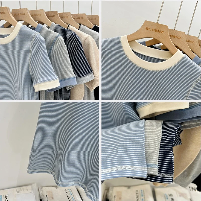 AOSSVIAO 2025 الصيف المشارب كتلة اللون تي شيرت س الرقبة سليم صالح قصيرة الأكمام المحملة للنساء الكورية نمط بسيط قاعدة طبقة علوية 6