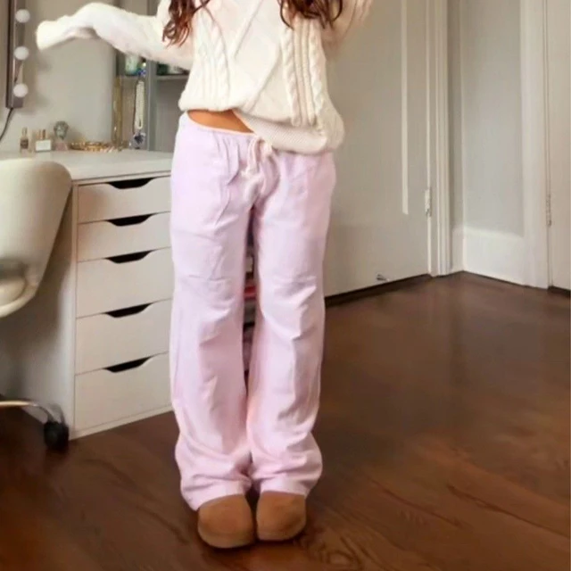 Women Casual Loose Pants Elastic Waist Stylish Straight Pants Spring Summer Drawstring Lace-up Wide-leg Trousers 2024