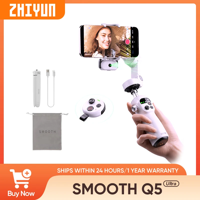Gimbal stabilisateur ULTRA Combo pour smartphone avec autonomie 13.5h, tenant un téléphone en mode paysage.
