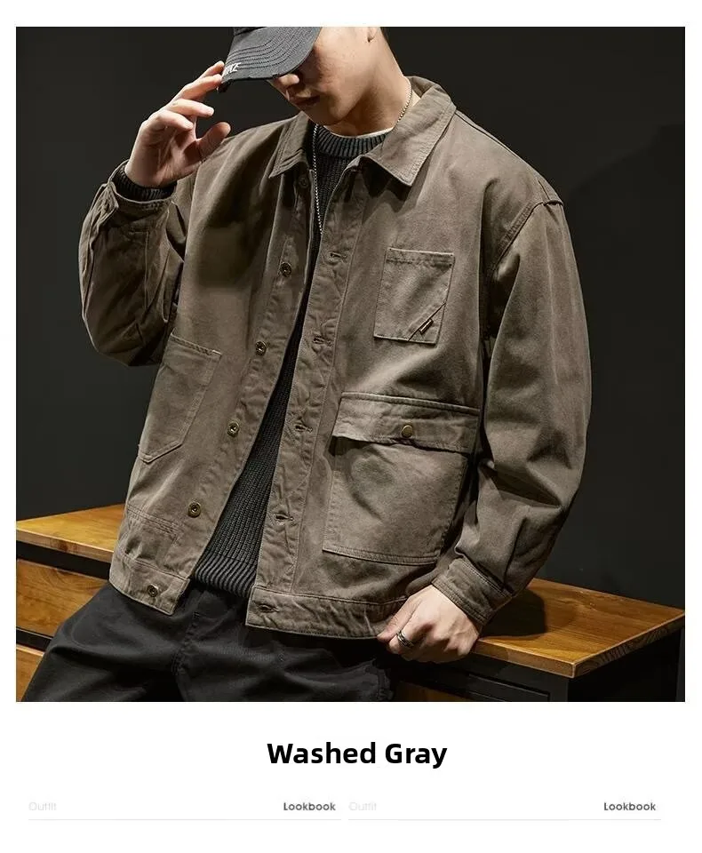 Men's Denim Jacket - Retro Korean Style Casual Workwear Coat with Functional Pockets