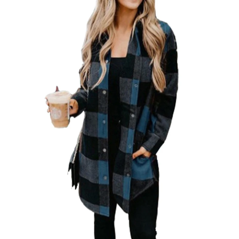 

Women's New Vintage Plaid Jacket Elegant Lapel Single Breasted Loose Shirt Coat Autumn Winter Women's Casual Cardigan Coat