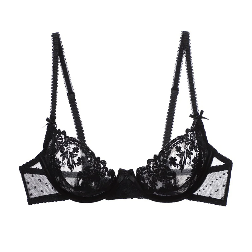 

CYHWR Sexy Low-cut French Lace Wedding Underwear Hollowed out Embroidery Ultra-Thin Cup See Through Mesh Gauze Ladies Lingerie